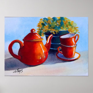 Rode Teapot en Teacups Poster