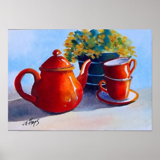 Rode Teapot en Teacups Poster (Voorkant)
