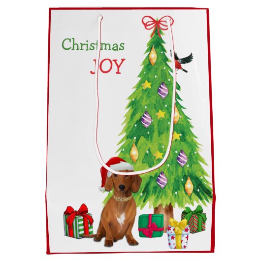 Rode teckel Hond Kerstman Hoed en kerstboom Medium Cadeauzakje (Achterkant)