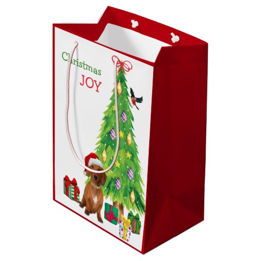 Rode teckel Hond Kerstman Hoed en kerstboom Medium Cadeauzakje (Achterkant Gekanteld)