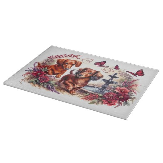 Rode teckels in de tuin snijplank: snijplank (Hoek)