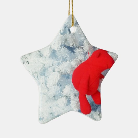 Rode Teddy-beer in de kerstboom Keramisch Ornament (Rechts)
