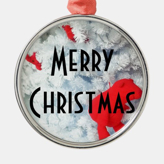 Rode Teddy-beer in de kerstboom Metalen Ornament (Voorkant)