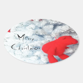 Rode Teddy-beer in de kerstboom Ovale Sticker