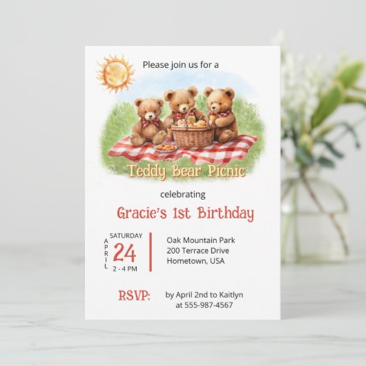 Rode teddybeer picknick 1e verjaardag kaart (Staand voorkant)