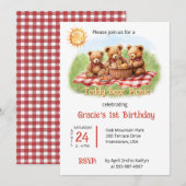 Rode teddybeer picknick 1e verjaardag kaart (Voorkant / Achterkant)