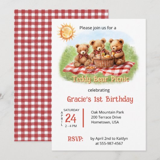 Rode teddybeer picknick 1e verjaardag kaart (Voorkant / Achterkant)