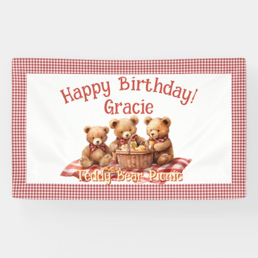 Rode Teddybeer picknick Happy Birthday Spandoek (Horizontaal)