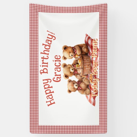 Rode Teddybeer picknick Happy Birthday Spandoek (Verticaal)