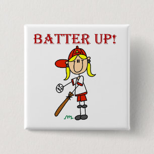 Rode tekst Batter Up Meisjes Softbal T-shirts en C Vierkante Button 5,1 Cm