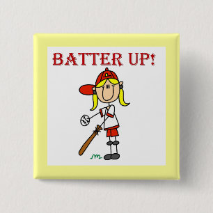 Rode tekst Batter Up Meisjes Softbal T-shirts en C Vierkante Button 5,1 Cm
