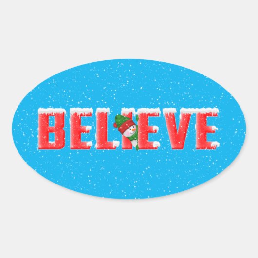 Rode tekst GELOOF met sneeuwpop Ovale Sticker (Voorkant)