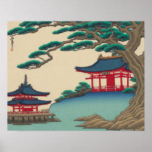 Rode tempels en meer van de Japanse Ukiyo-e-kunst Poster