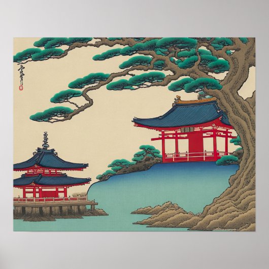 Rode tempels en meer van de Japanse  Ukiyo-e-kunst Poster (Voorkant)