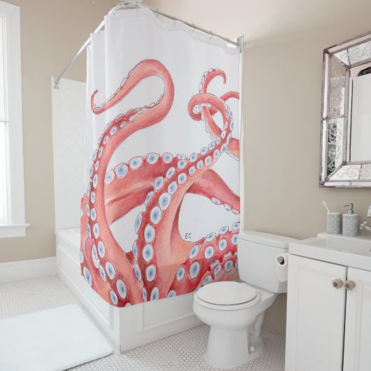 Rode Tentacles Octopus Waterverf Douchegordijn (In situ)