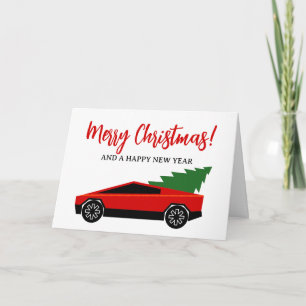 Rode Tesla vrachtwagen met kerstboom achterin Feestdagen Kaart
