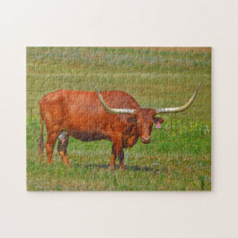 Rode Texaanse Longhorn Koe in Pasture Puzzle Legpuzzel