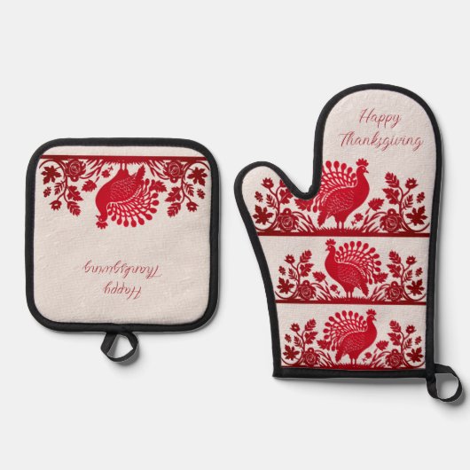 Rode Thanksgiving Turkije Bloemen Ovenwant & Pannenlap Set (Voorkant)