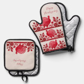 Rode Thanksgiving Turkije Bloemen Ovenwant & Pannenlap Set (Voorkant / Achterkant)