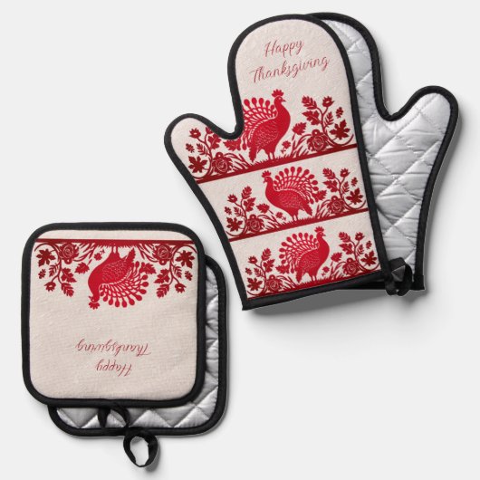 Rode Thanksgiving Turkije Bloemen Ovenwant & Pannenlap Set (Voorkant / Achterkant)