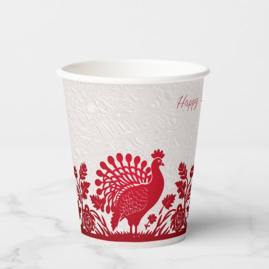 Rode Thanksgiving Turkije Bloemen Papier Kopjes Papieren Bekers (Voorkant)