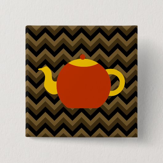Rode theepot op bruine zigags. vierkante button 5,1 cm (Voorkant)