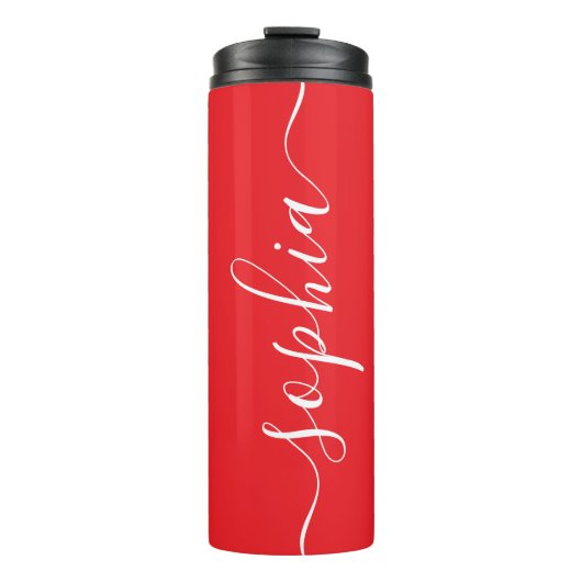 Rode Thermische Tumbler met witte script naam op m Thermosbeker (Voorkant)