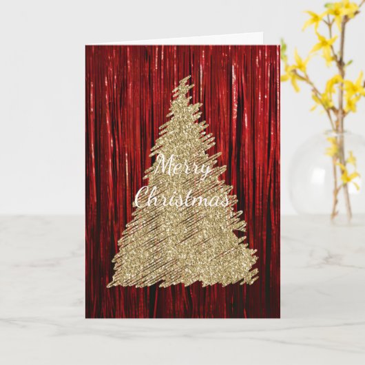 Rode Tinsel Gouden Glitter Kerstboom Kaart (Gele Bloem)