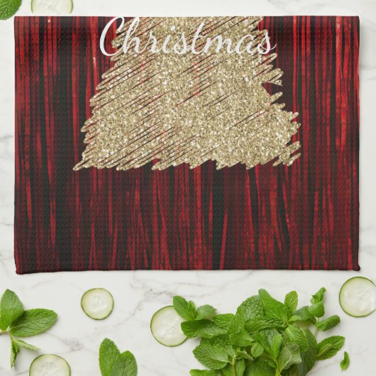 Rode Tinsel Gouden Kerstboom Theedoek (Gevouwen)