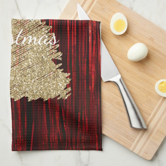 Rode Tinsel Gouden Kerstboom Theedoek (Quarter Fold)