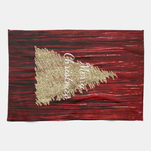 Rode Tinsel Gouden Kerstboom Theedoek (Horizontaal)