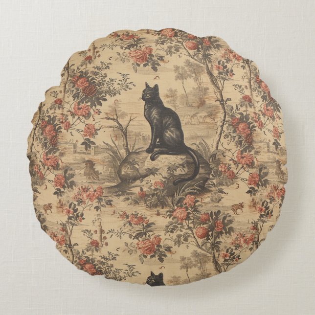 Rode Toile Chinoiserie Kat Damast Rond Kussen (Voorkant)