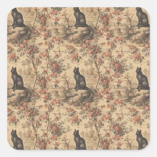 Rode Toile Chinoiserie Kat Damast Vierkante Sticker (Voorkant)