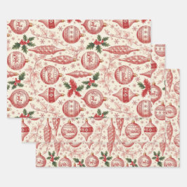 Rode toile chinoiserie kerstornamenten inpakpapier vel