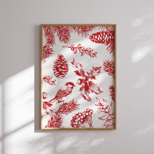 Rode toile kerst vogel en dennenboom poster