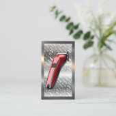 rode tondeuse | kapper patroon | metalen rand visitekaartje (Staand voorkant)