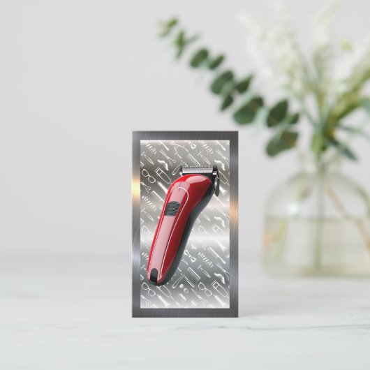 rode tondeuse | kapper patroon | metalen rand visitekaartje (Staand voorkant)