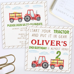 Rode tractor 1e 2e jongens verjaardag vierkante ui kaart