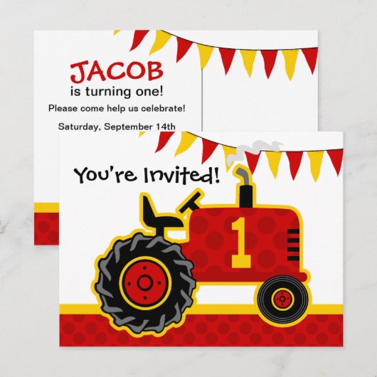 Rode tractor 1e verjaardag Briefkaart Uitnodiging (Voorkant / Achterkant)