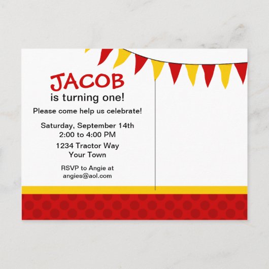 Rode tractor 1e verjaardag Briefkaart Uitnodiging (Achterkant)