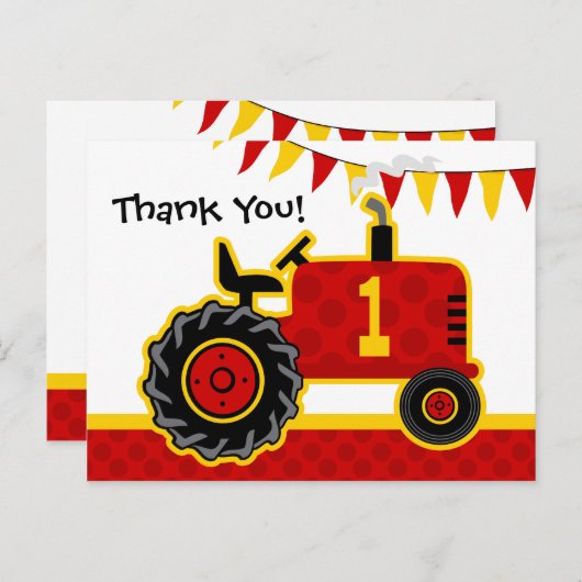Rode tractor 1e verjaardag Dank u Briefkaart (Voorkant / Achterkant)