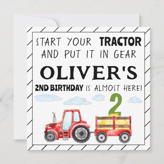 Rode tractor 2e verjaardag jongen feestuitnodiging kaart (Voorkant)