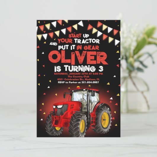 Rode Tractor 3e verjaardagsfeestje Kaart (Staand voorkant)