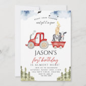 Rode Tractor Boerderij Dieren 1e Verjaardag Feestj Kaart (Voorkant)