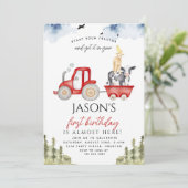 Rode Tractor Boerderij Dieren 1e Verjaardag Feestj Kaart (Staand voorkant)