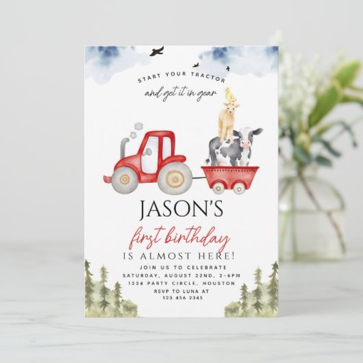 Rode Tractor Boerderij Dieren 1e Verjaardag Feestj Kaart (Staand voorkant)