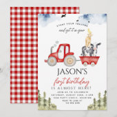 Rode Tractor Boerderij Dieren 1e Verjaardag Feestj Kaart (Voorkant / Achterkant)