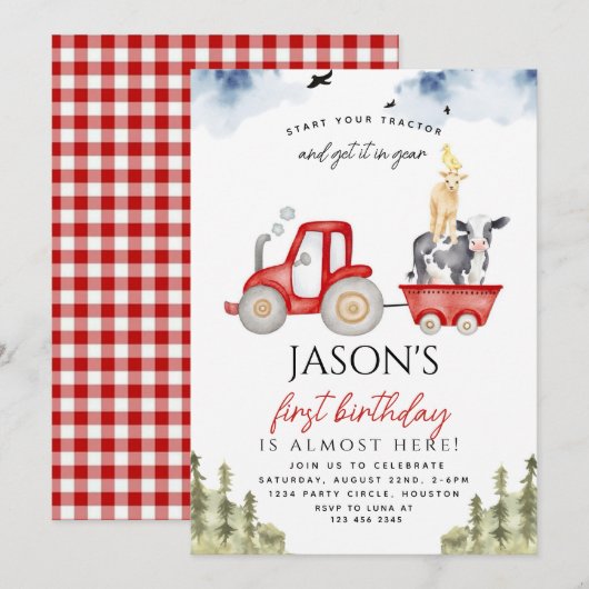 Rode Tractor Boerderij Dieren 1e Verjaardag Feestj Kaart (Voorkant / Achterkant)