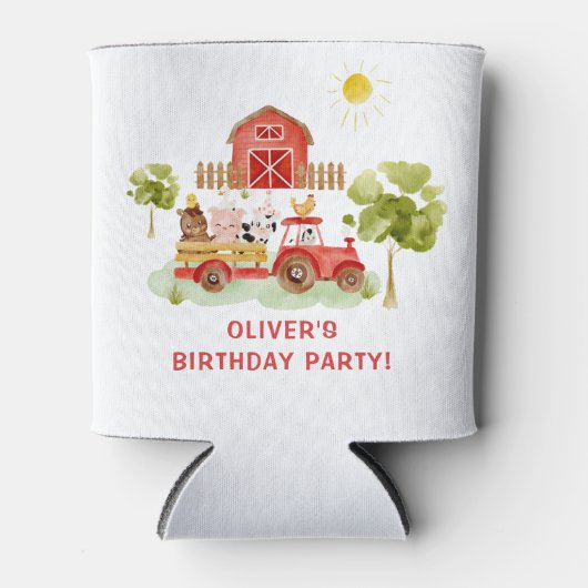 Rode tractor boerderij dieren verjaardag blikjeskoeler (Voorkant)