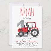 Rode Tractor Eerste Verjaardag Uitnodiging (Voorkant)